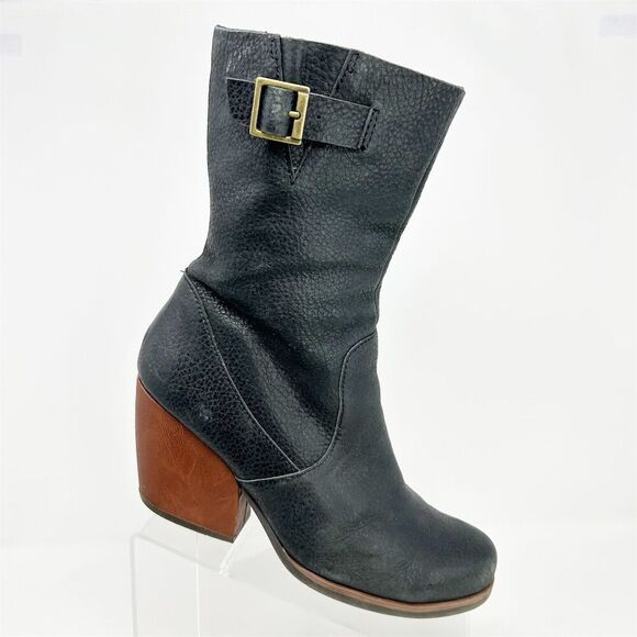 Kork-Ease Black Mid-Calf Pull On Leather Boots Size 10 Buckle Strap Fall - Picture 1 of 16